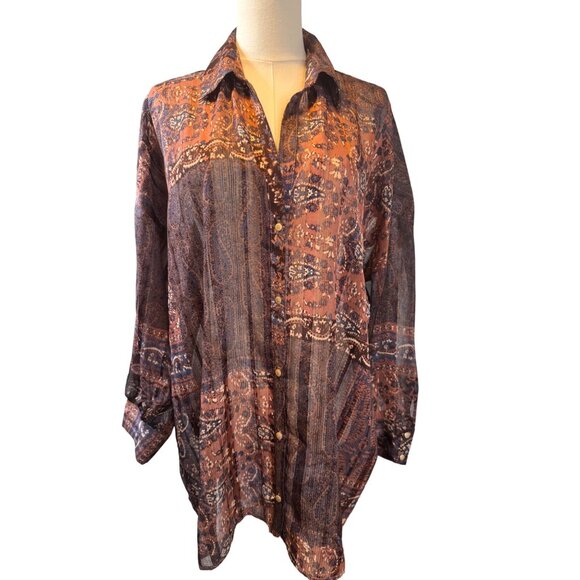 ZARA M Bohemian Brown Rust Blue Print Dolman Sleeve Button-Down Blouse - Picture 16 of 16